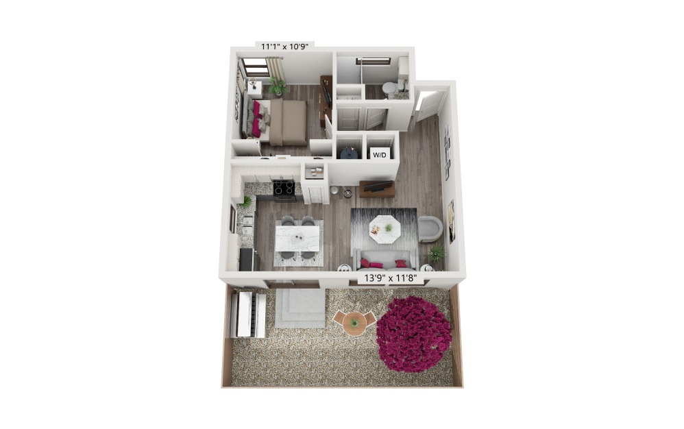 A1 - 1 bedroom floorplan layout with 1 bath and 632 square feet.
