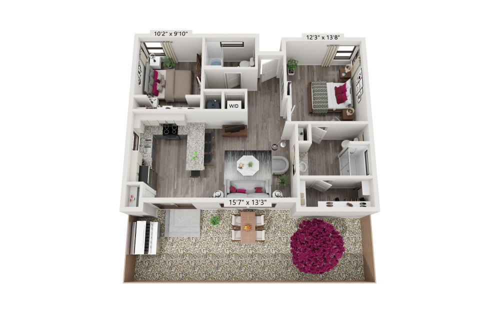 B1 - 2 bedroom floorplan layout with 2 baths and 971 square feet.