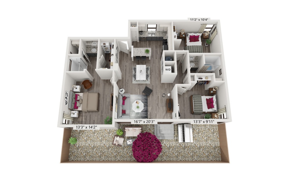C1 - 3 bedroom floorplan layout with 2 baths and 1246 square feet.